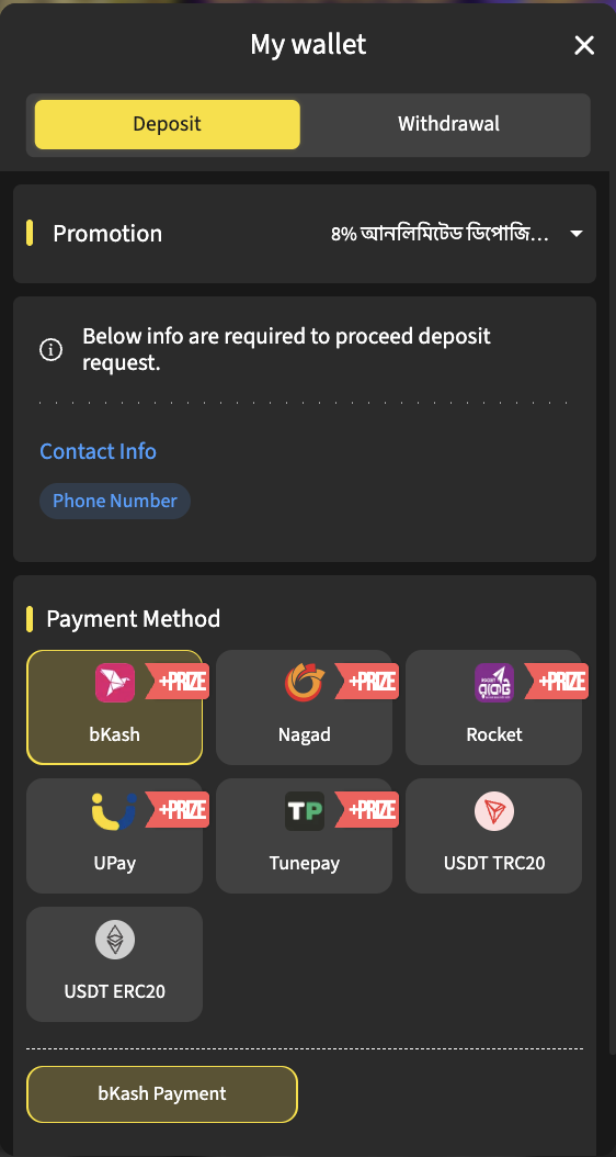 BetVisa My wallet Deposit with bKash