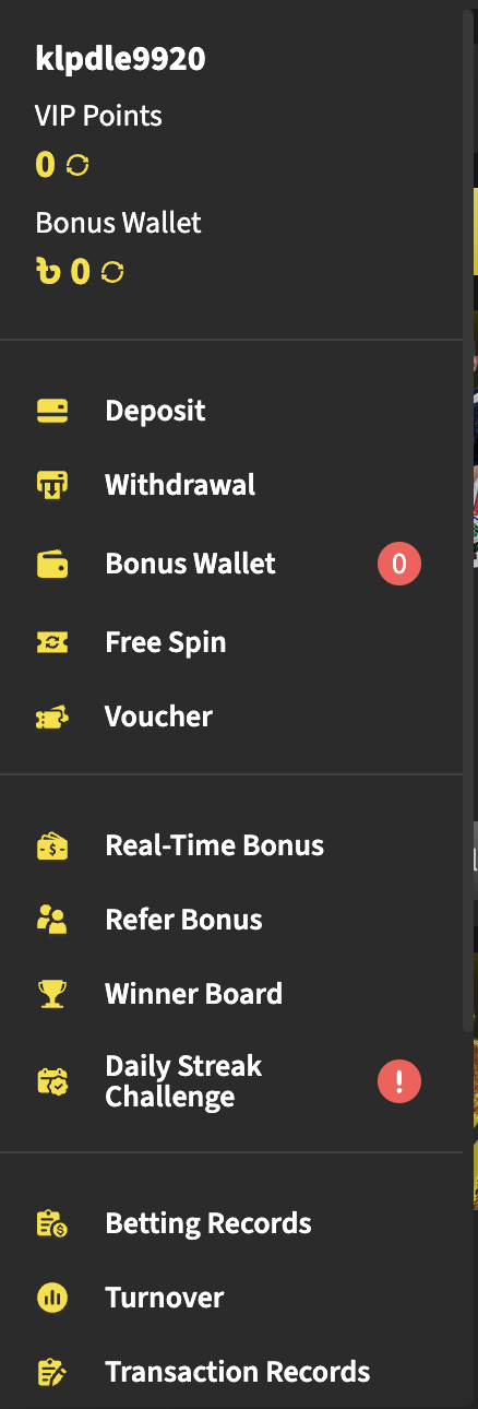 BetVisa Member Center menu
